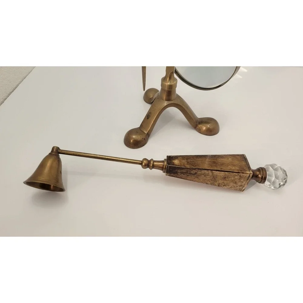 Vintage Brass Desk Set Bone Handles Crystal Knobs Magnifier Opener Snuffer